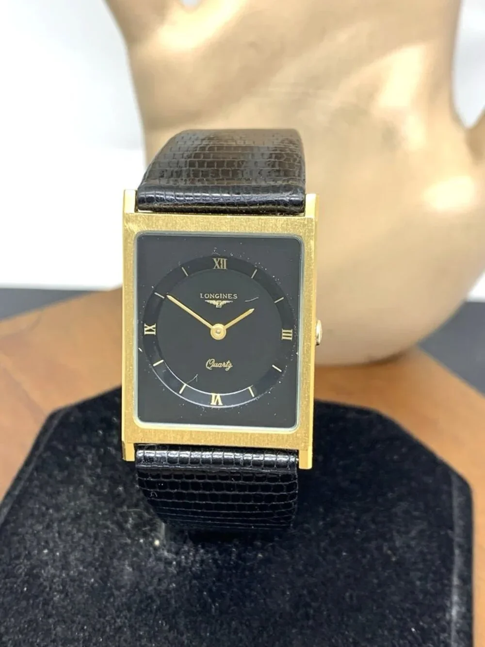 Longines Men's Watch Vintage Swiss Quartz Black Dial Gold Tone Case Tank Leather